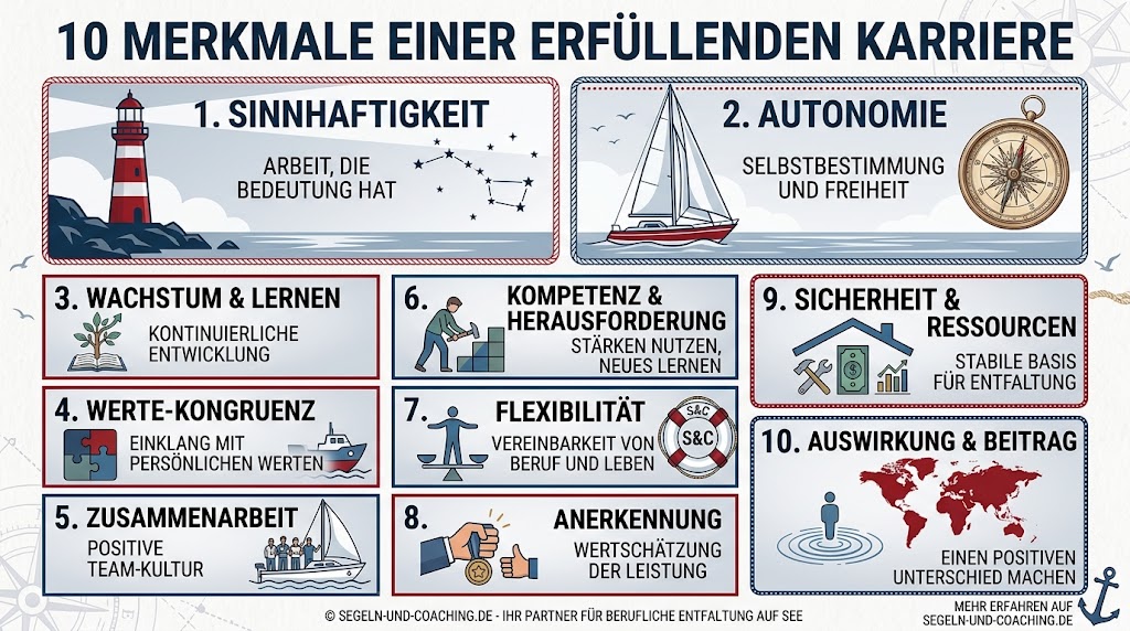 10 Merkmale einer erfüllenden Karriere: Sinnhaftigkeit, Autonomie, Wachstum und Lernen, Werte-Kongruenz, Zusammenarbeit, Kompetenz und Herausforderung, Flexibilität, Anerkennung, Sicherheit und Ressourcen sowie Auswirkung und Beitrag.